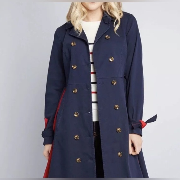 Modcloth Women's Classic Imagination Trench Coat Swing Navy Blue Red NWT Size M - Picture 16 of 16
